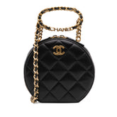 Quilted Lambskin Oval Logo Chain Top Handle Round Clutch on Chain