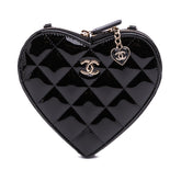 Quilted Patent Calfskin CC Heart Clutch With Chain