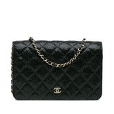 CC Quilted Crackled Patent Pearl Strap Wallet On Chain