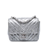Mini Square Classic Chevron Metallic Crumpled Patent Single Flap