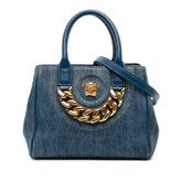 Small Denim La Medusa Chain Top Handle Bag
