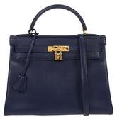 Hermes Kelly Handbag Blue Ardennes with Gold Hardware