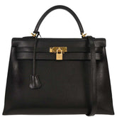 Hermes Kelly Handbag Black Courchevel with Palladium Hardware