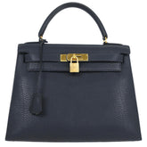 Hermes Kelly Handbag Blue Ardennes with Gold Hardware