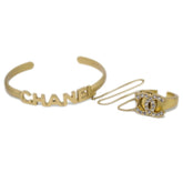 Chanel Logo Bangle with Chain Attached CC Ring Metal with Crystal
