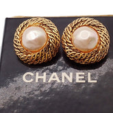 Chanel Vintage Round Chain Clip-On Earrings Metal with Faux Pearl