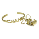Chanel Logo Bangle with Chain Attached CC Ring Metal with Crystal