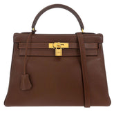 Hermes Kelly Handbag Brown Evergrain with Gold Hardware