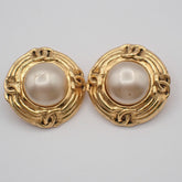 Chanel Vintage Round Clip-On Earrings Metal with Faux Pearl