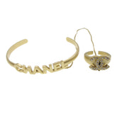 Chanel Logo Bangle with Chain Attached CC Ring Metal with Crystal