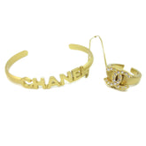 Chanel Logo Bangle with Chain Attached CC Ring Metal with Crystal
