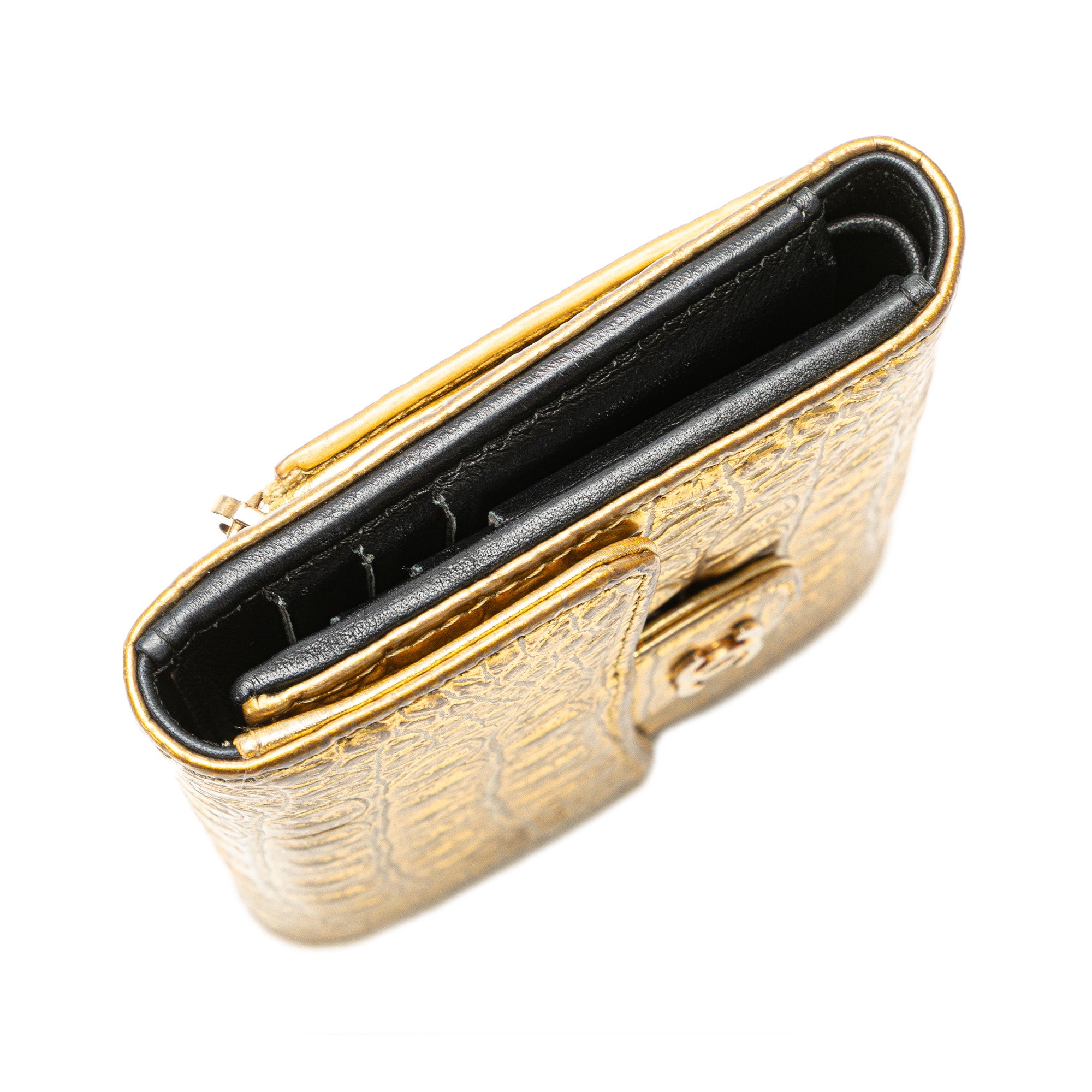 CC Metallic Calfskin Crocodile Embossed Compact Flap Wallet