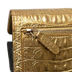 CC Metallic Calfskin Crocodile Embossed Compact Flap Wallet
