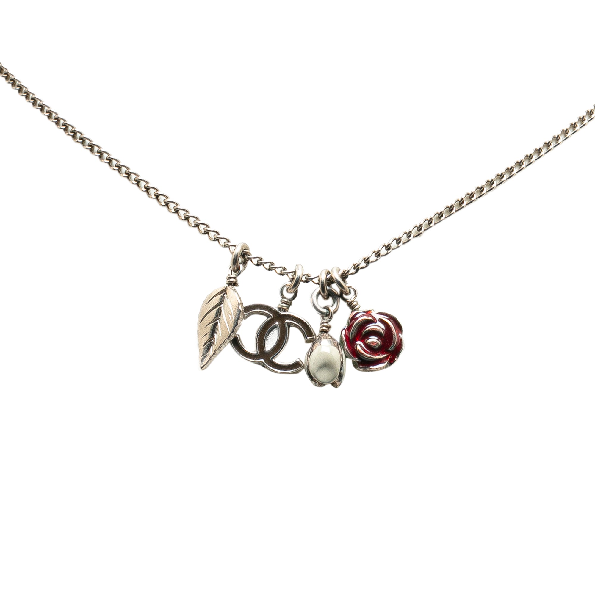 Silver Plated CC Camellia Charms Necklace