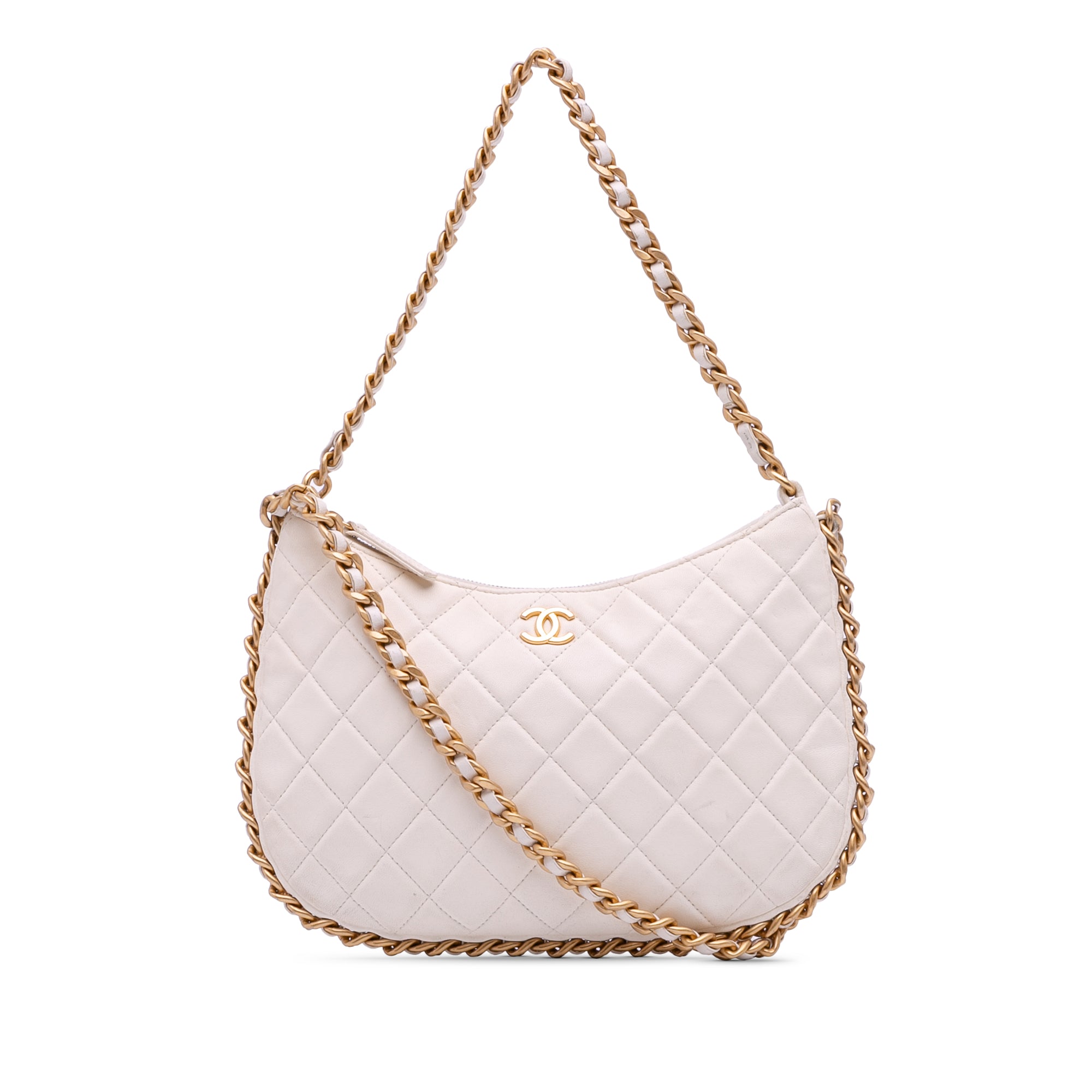 Large Shiny Crumpled Quilted Lambskin Trendy Chain Around Hobo