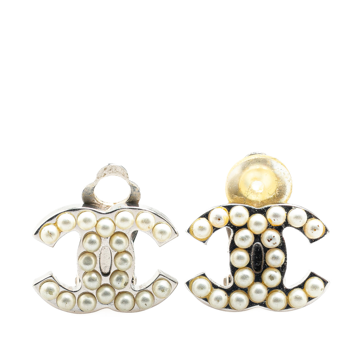 Silver Plated CC Faux Pearl Clip On Earrings
