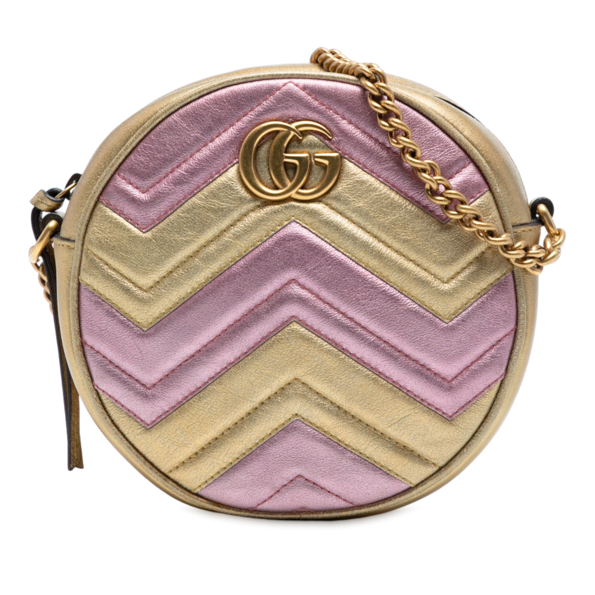 Mini GG Marmont Matelasse Metallic Leather Round Crossbody