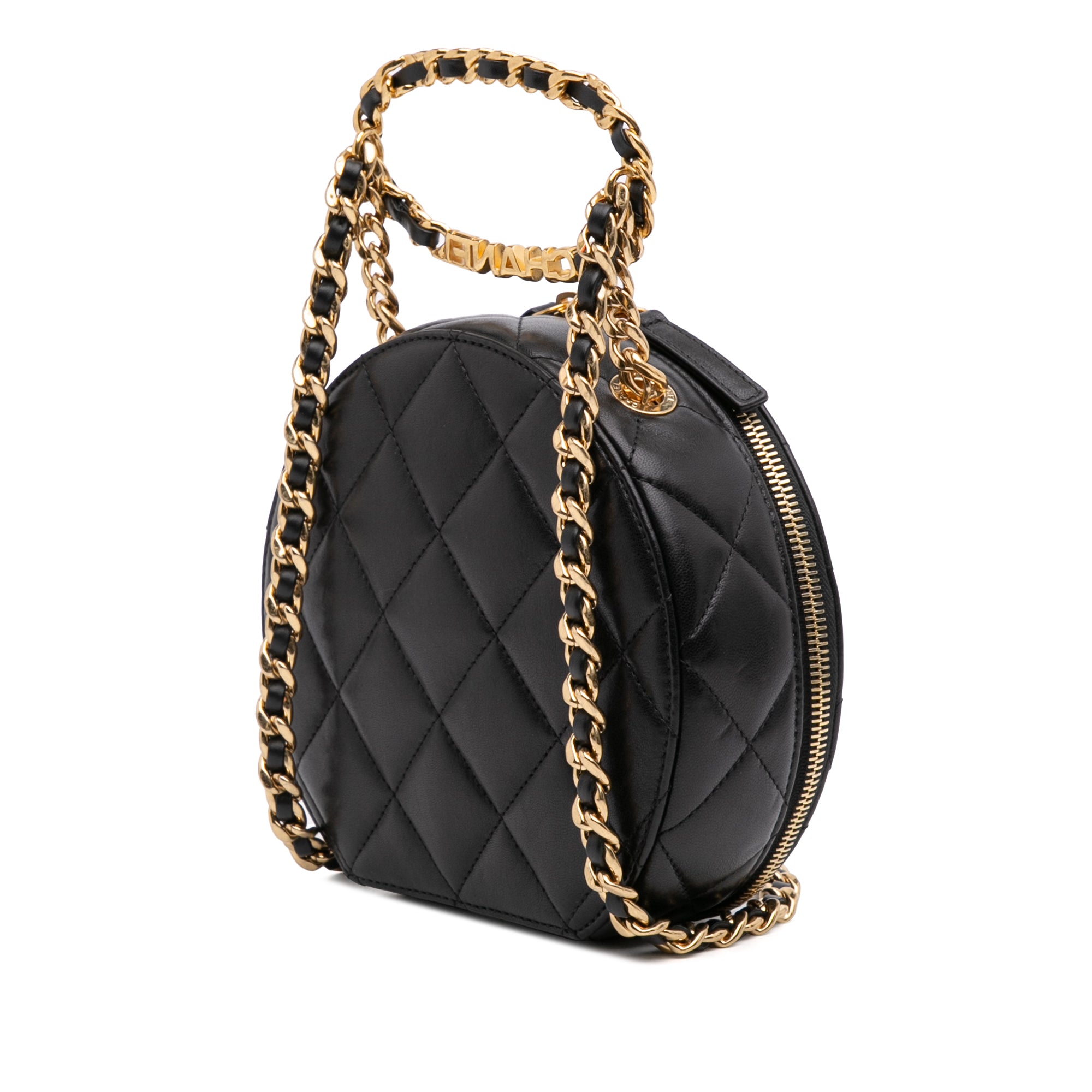 Quilted Lambskin Oval Logo Chain Top Handle Round Clutch on Chain