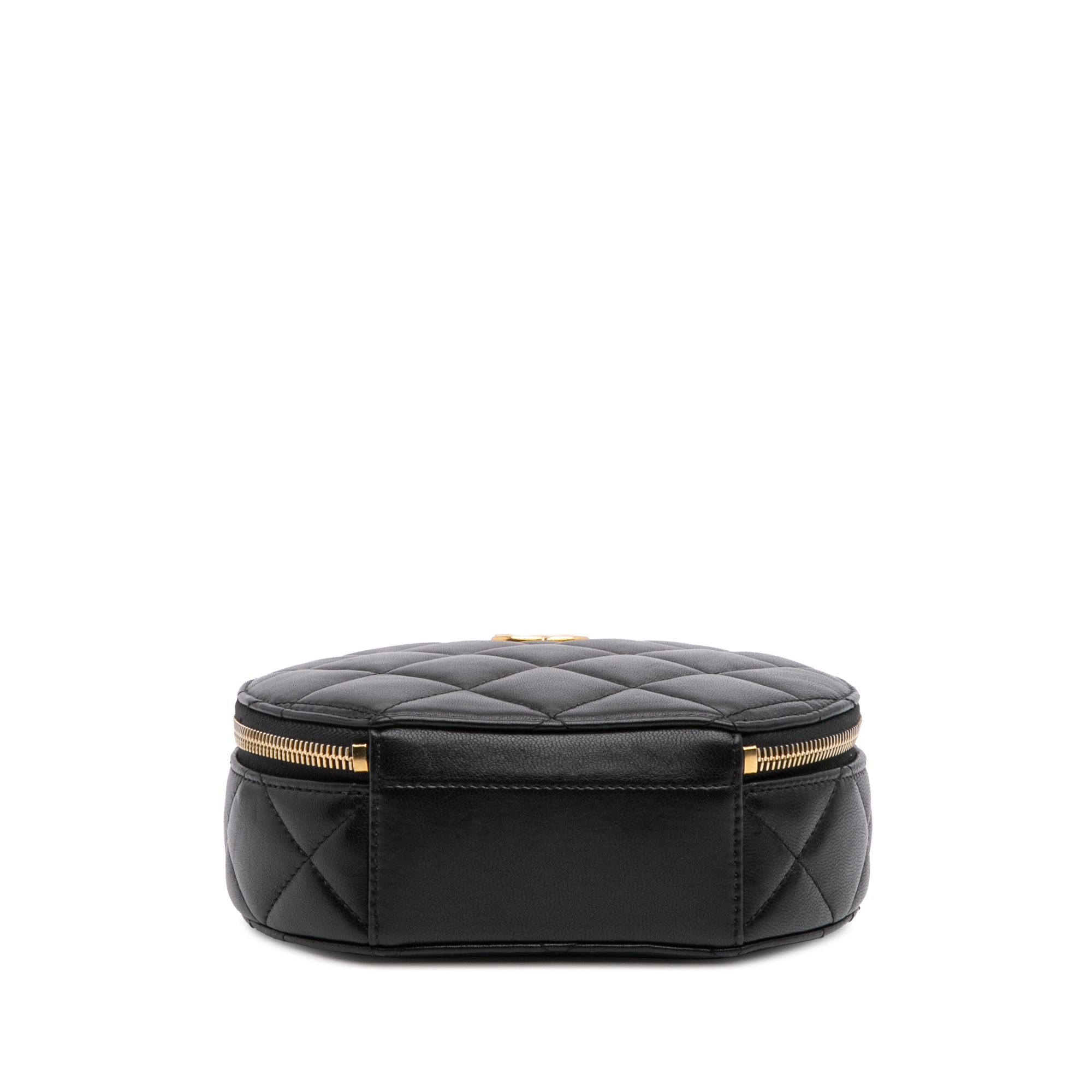 Quilted Lambskin Oval Logo Chain Top Handle Round Clutch on Chain