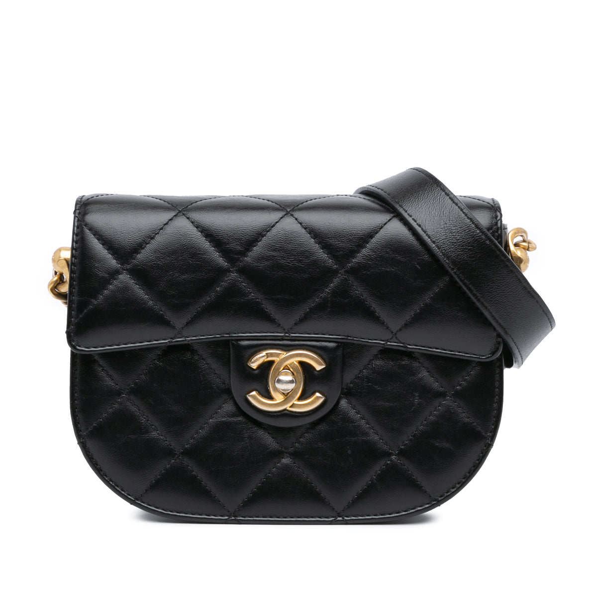 CC Quilted Calfskin Round Moon Messenger Flap