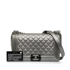 Old Medium Quilted Perforated Metallic Lambskin Boy Flap