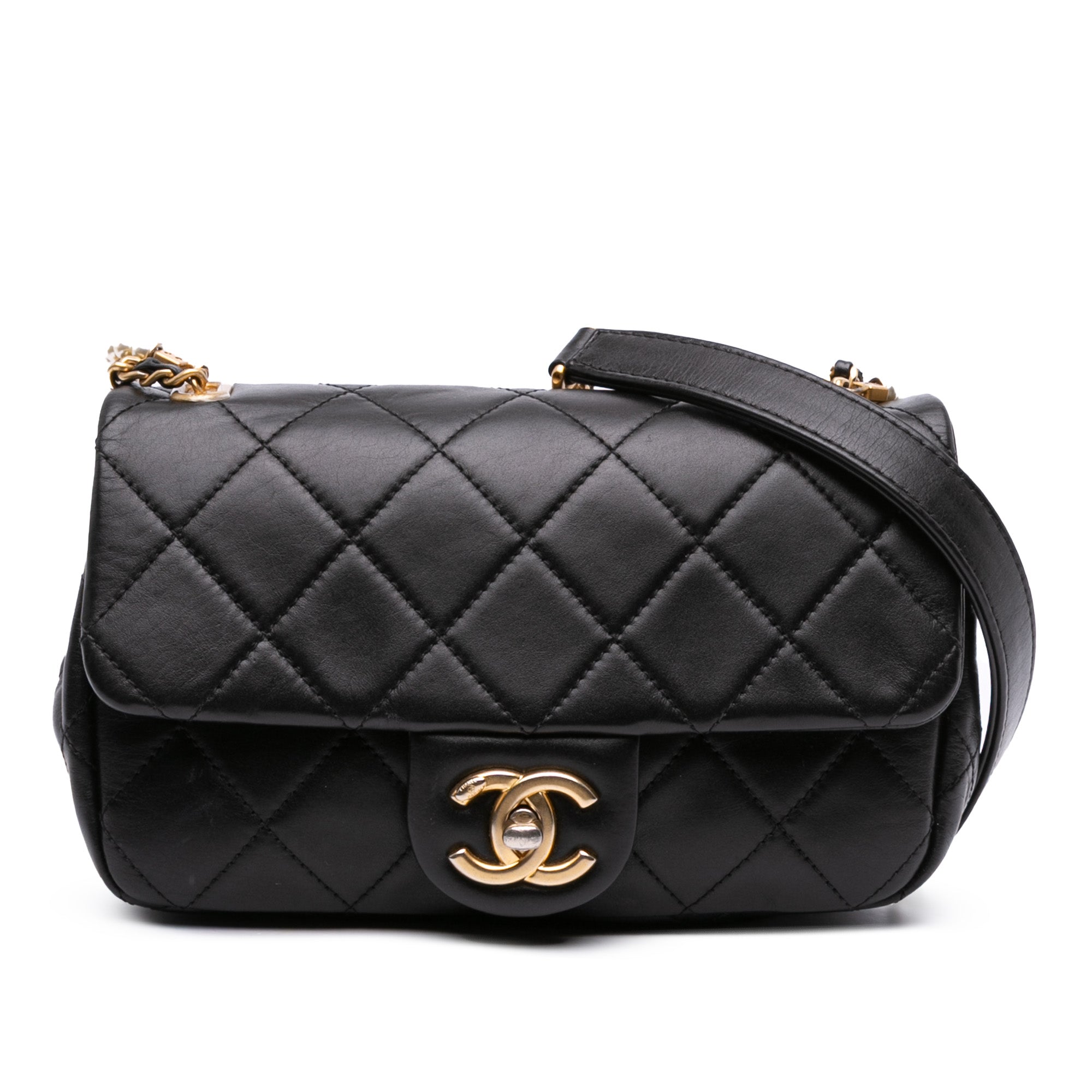 Mini Quilted Calfskin Crystal Pearls Chain Flap