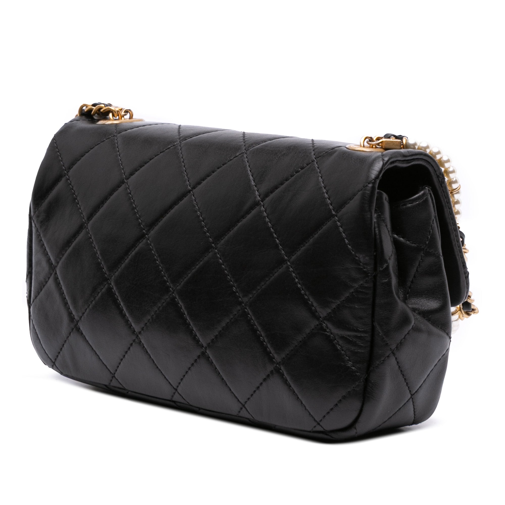 Mini Quilted Calfskin Crystal Pearls Chain Flap
