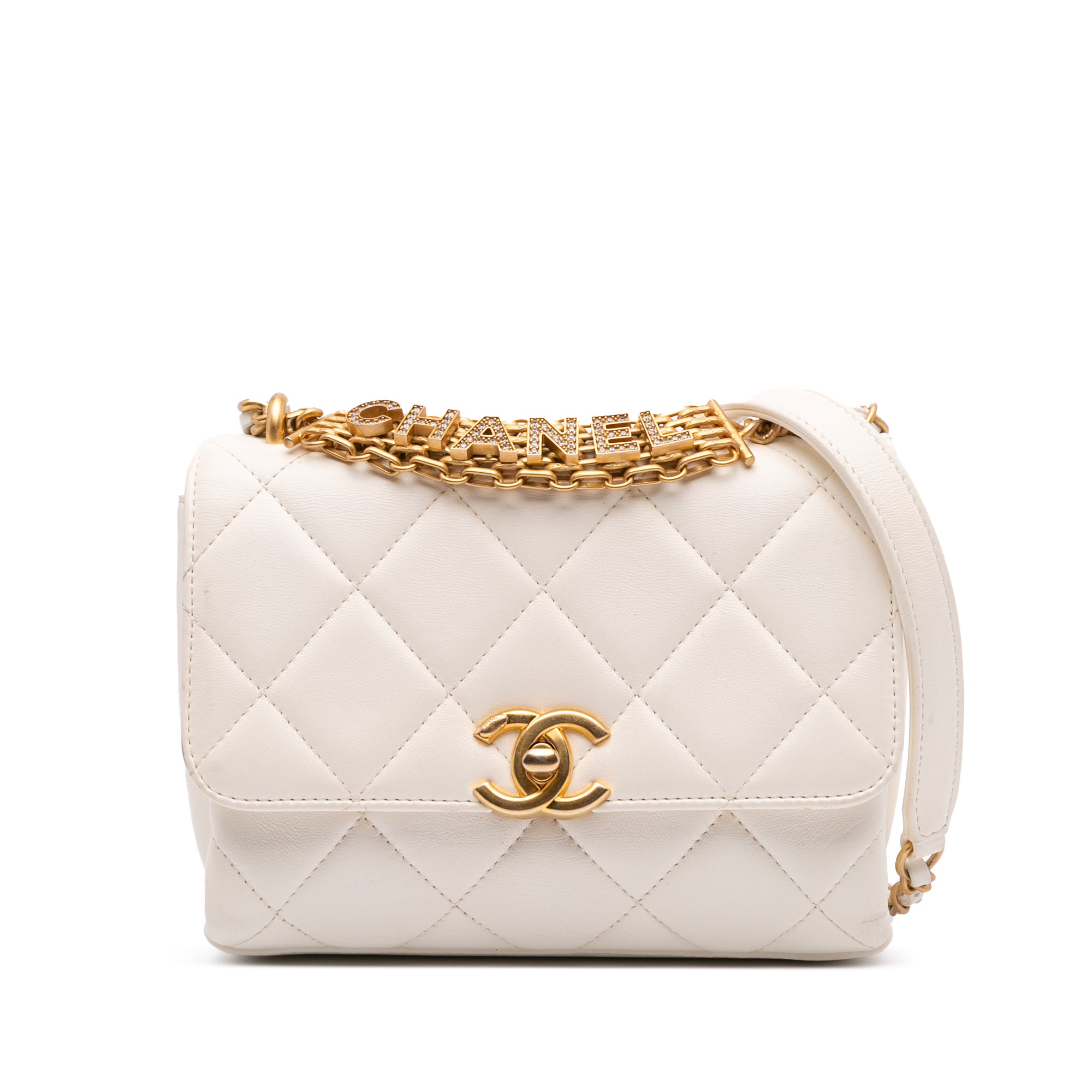 Mini Quilted Lambskin Crystal Logo Letters Chain Flap