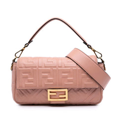 Medium Leather Embossed FF Baguette Satchel