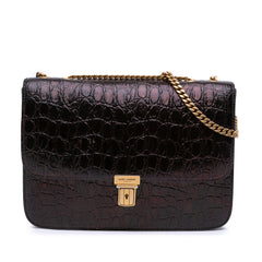 Croc Embossed Leather Tuc Chain Shoulder Bag