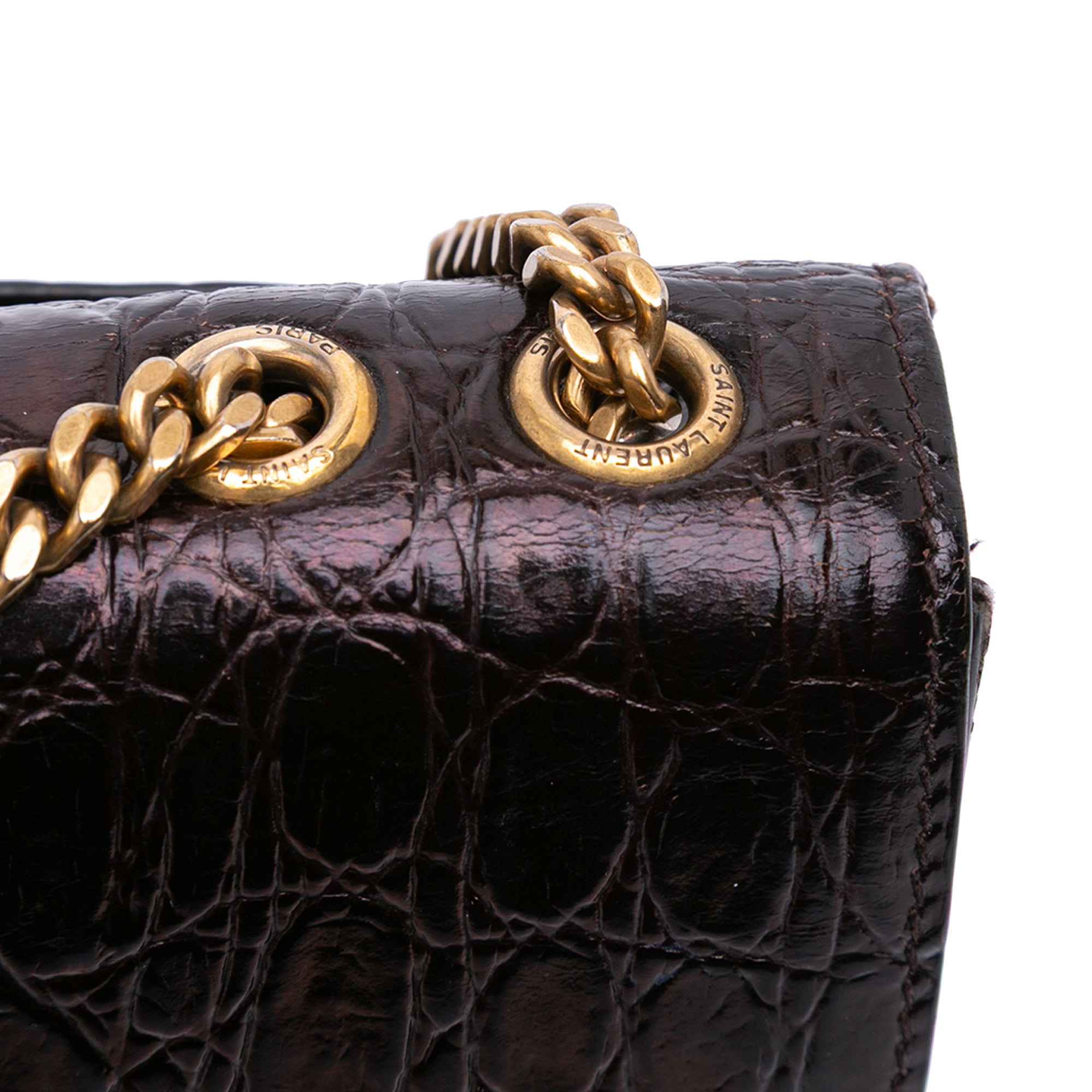 Croc Embossed Leather Tuc Chain Shoulder Bag
