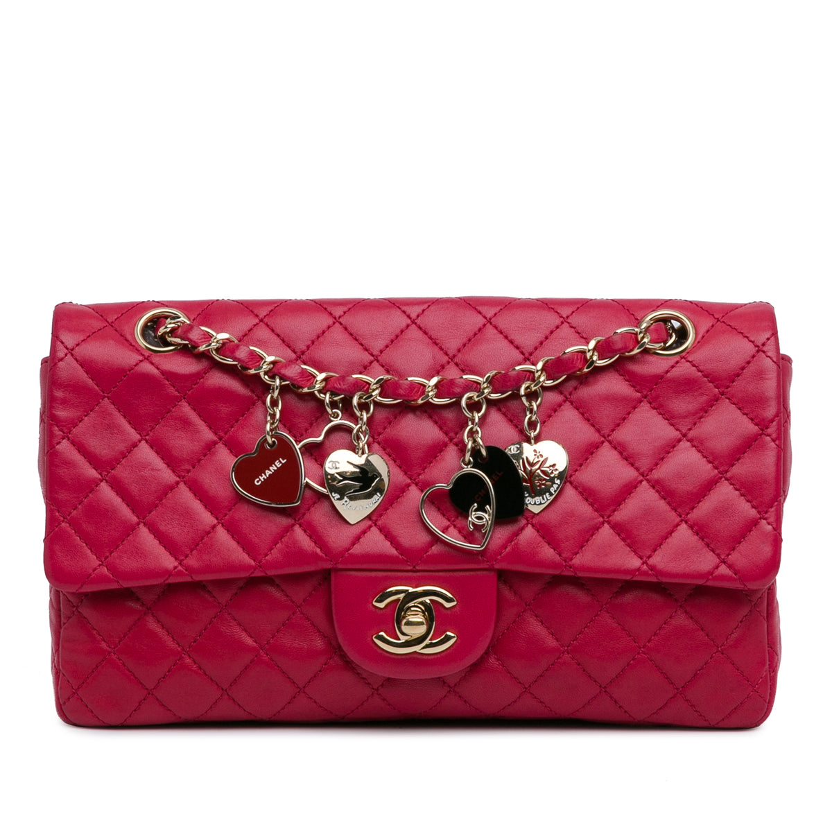 Medium Classic Lambskin Valentines Heart Charms Single Flap