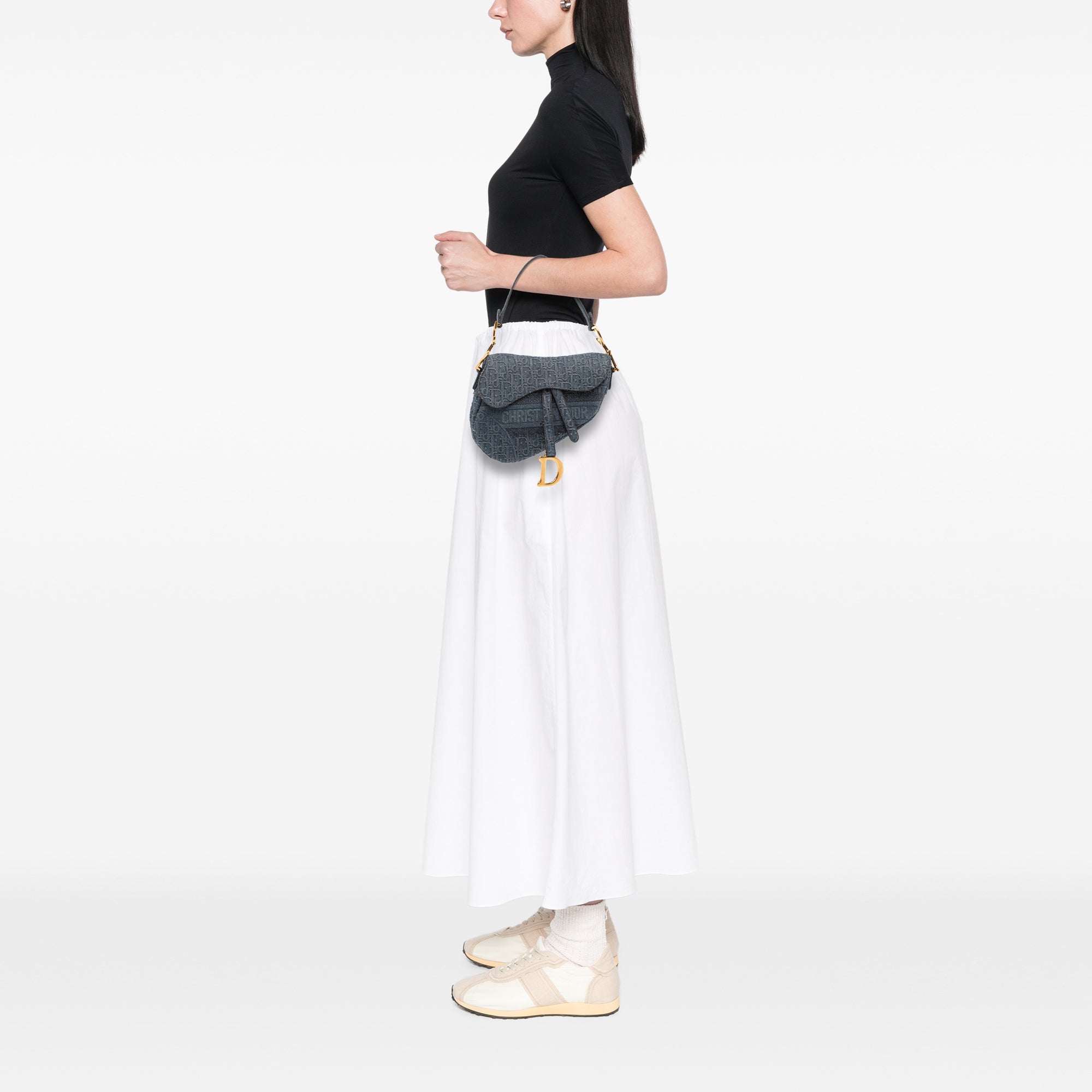 Oblique Denim Embroidered Saddle Bag
