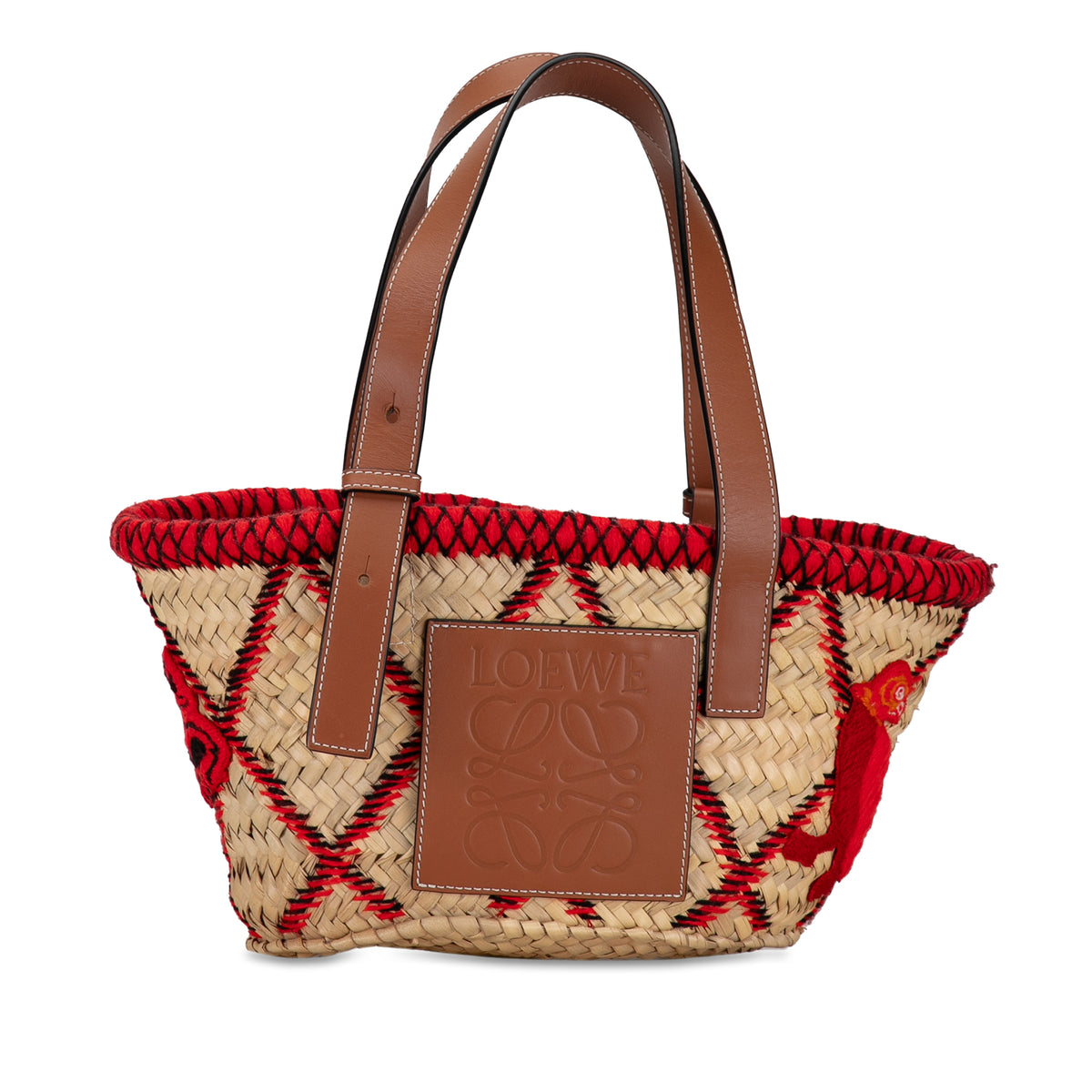 Small Animal Embroidered Raffia Basket Tote_0