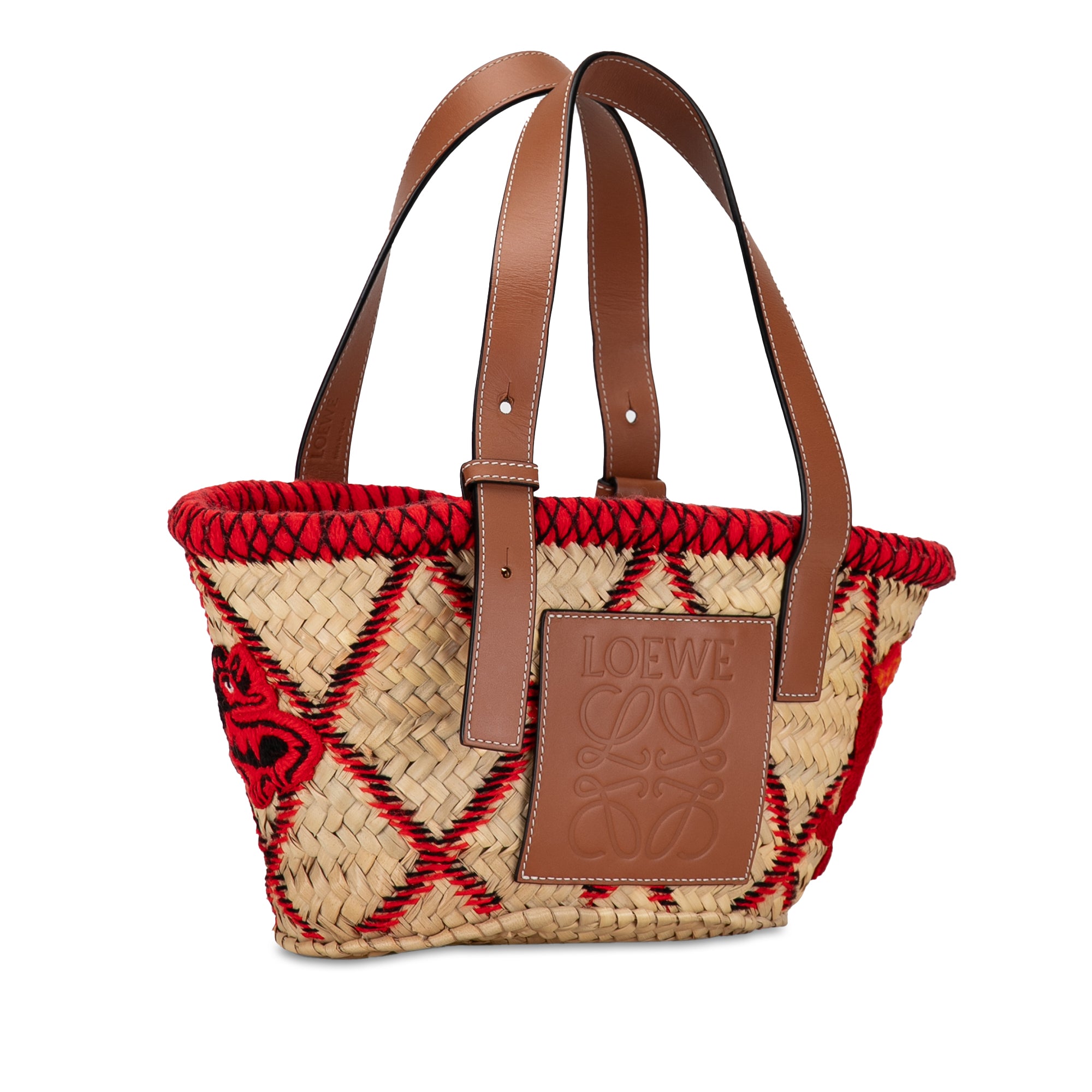 Small Animal Embroidered Raffia Basket Tote_1