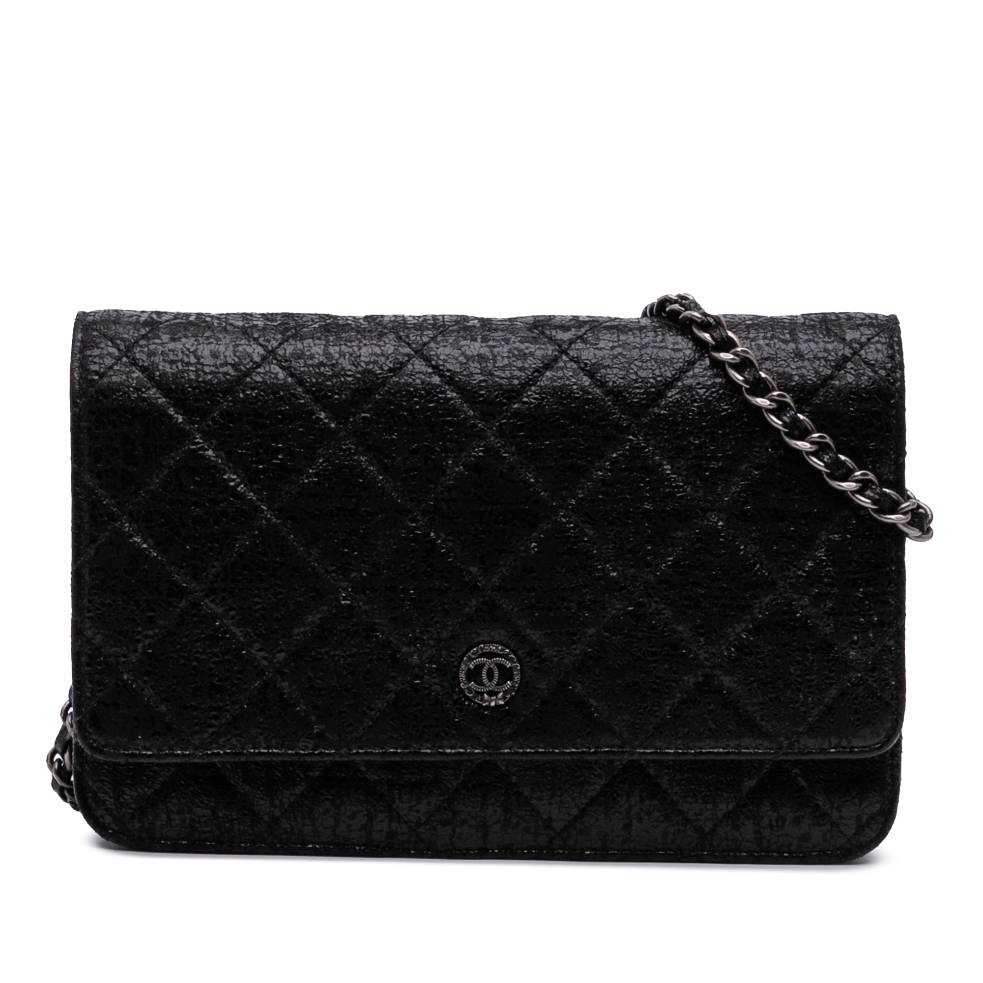 CC Quilted Crinkled Patent Wallet On Chain