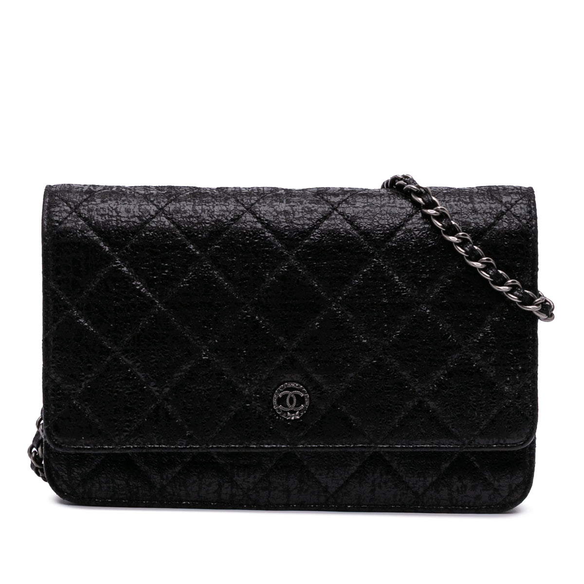 CC Quilted Crinkled Patent Wallet On Chain
