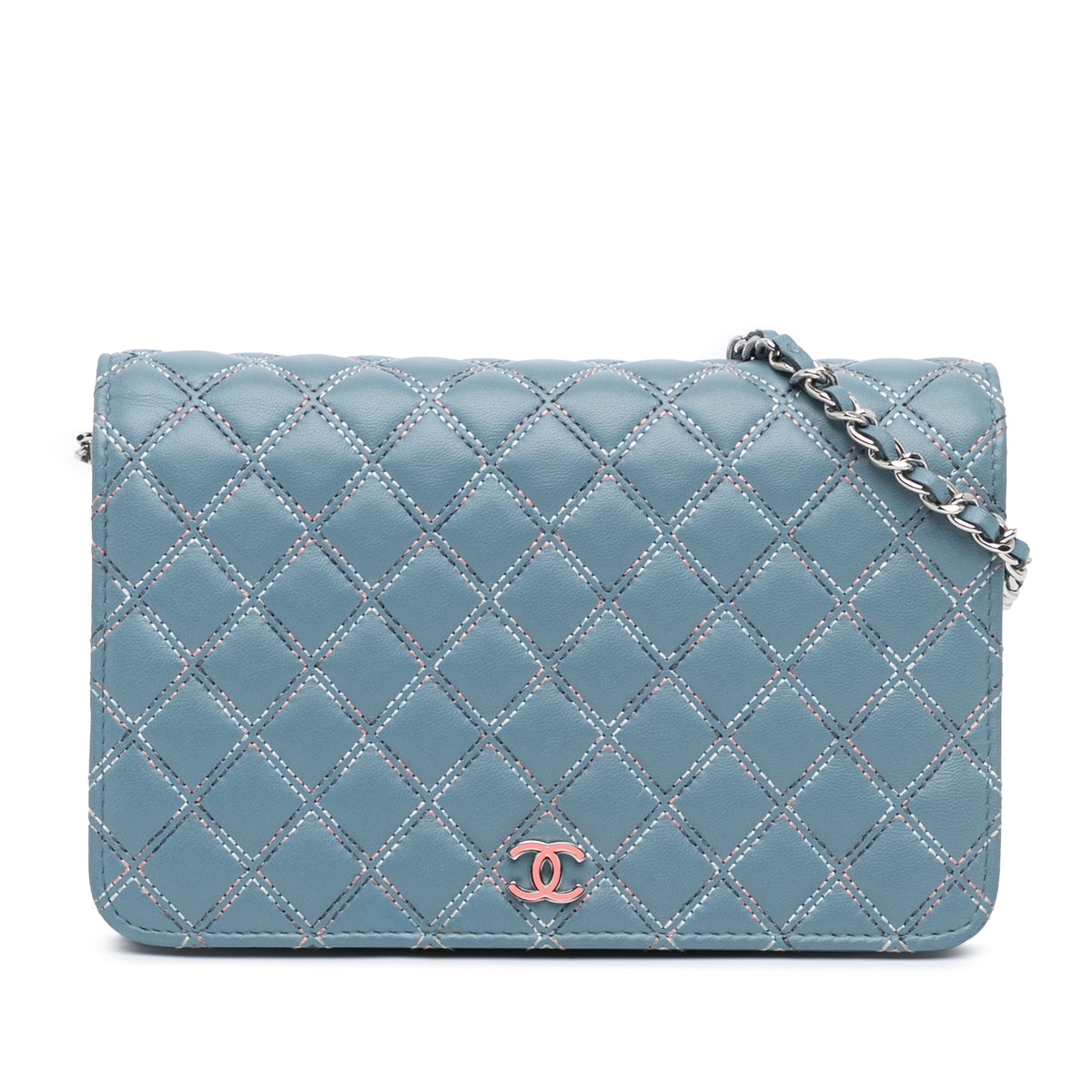 Quilted Lambskin Double Stitch Wallet On Chain