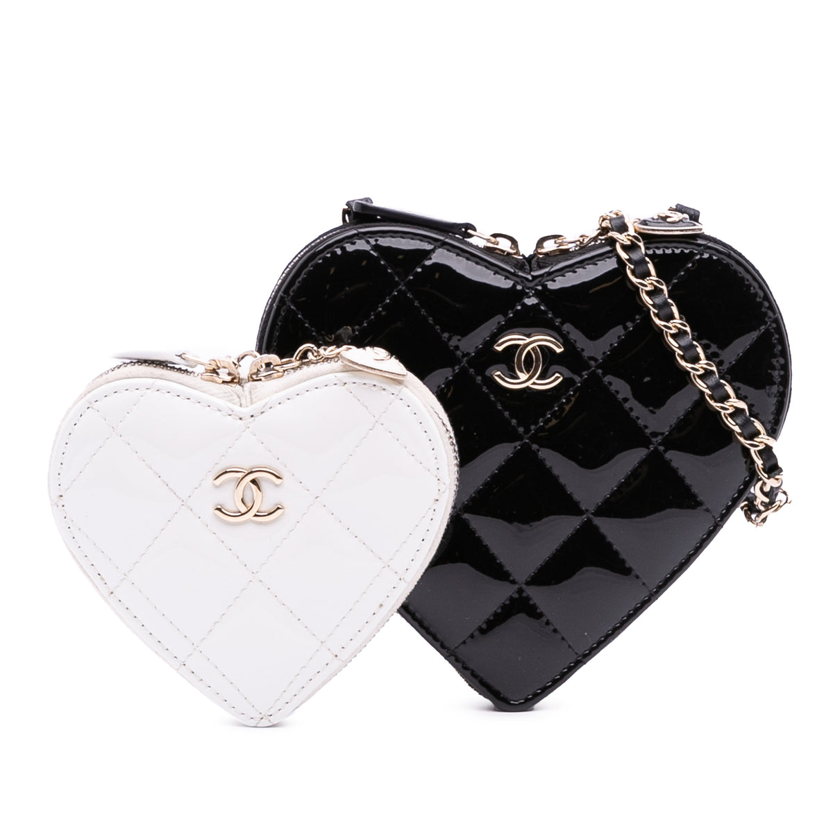 Quilted Patent Calfskin CC Heart Clutch With Chain