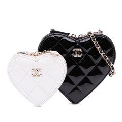 Quilted Patent Calfskin CC Heart Clutch With Chain