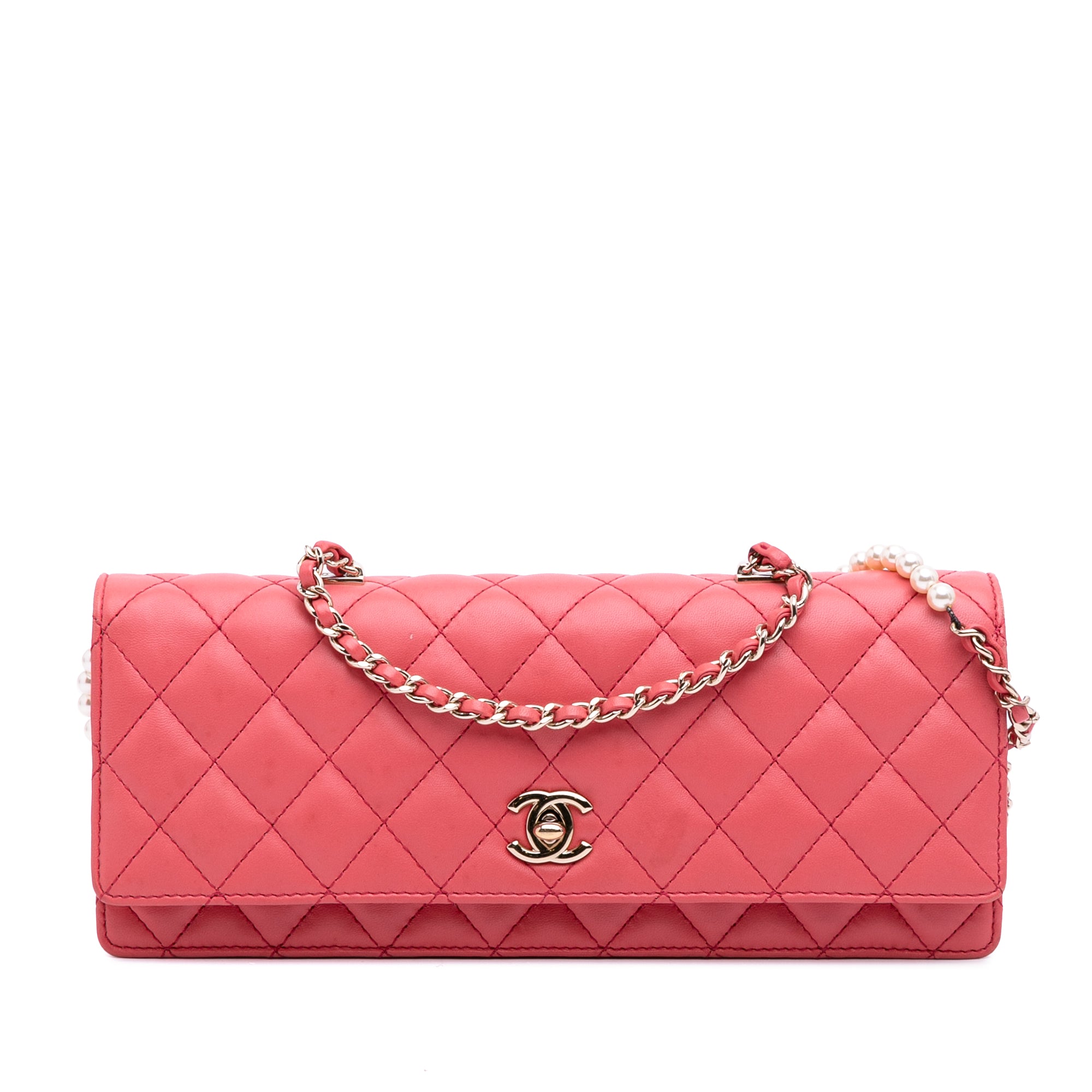 Quilted Lambskin Pearl Chain East West Single Flap