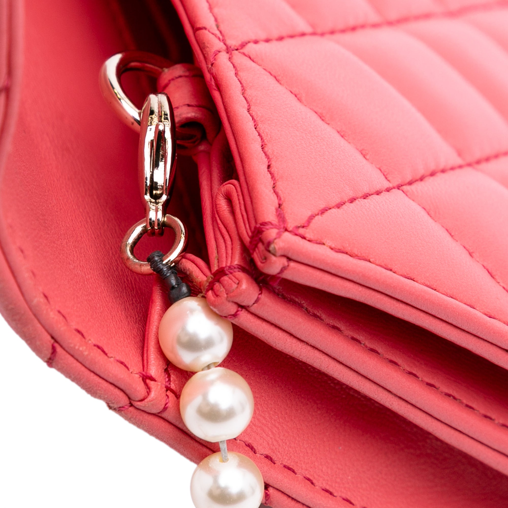 Quilted Lambskin Pearl Chain East West Single Flap