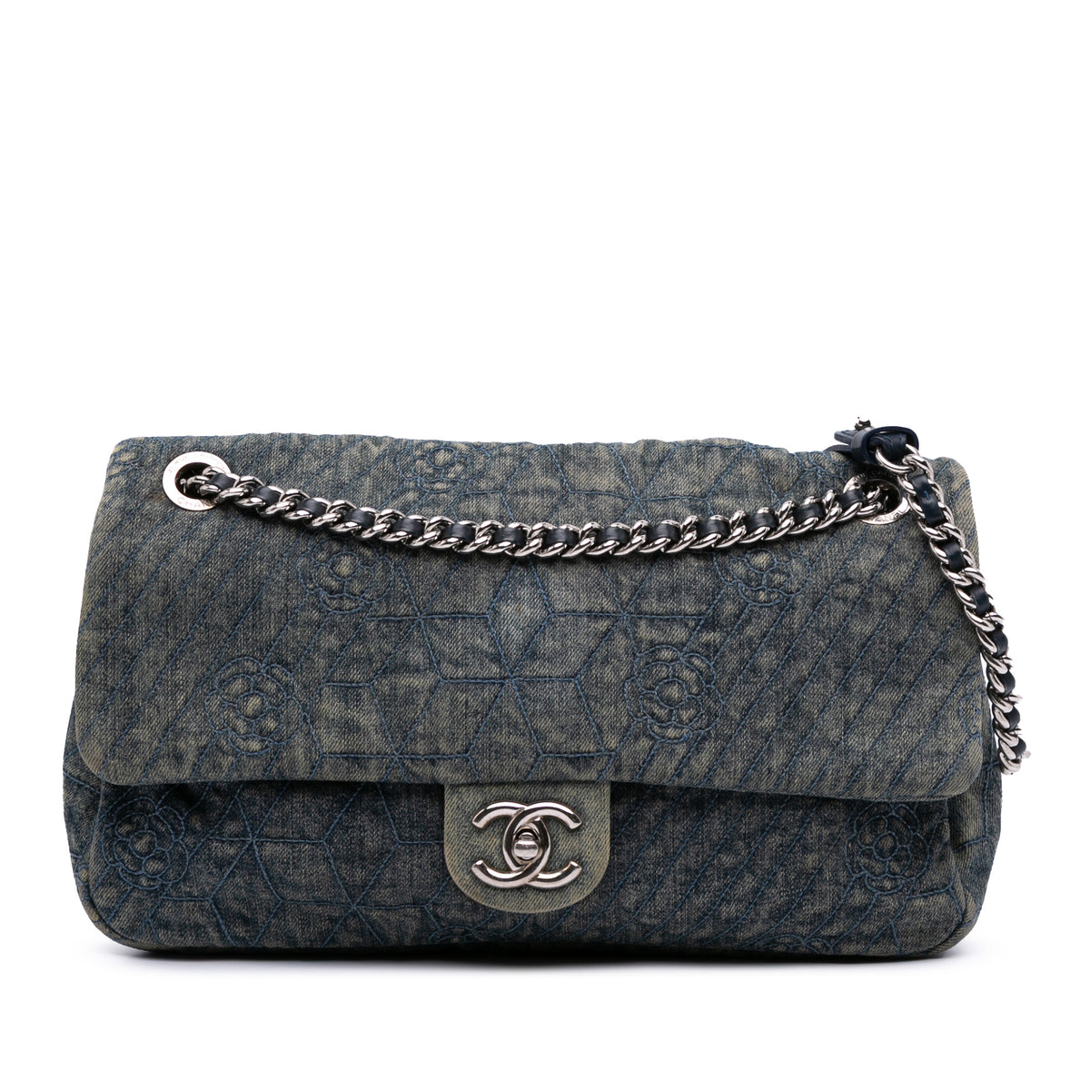 Large Embroidered Denim Camellia Flap