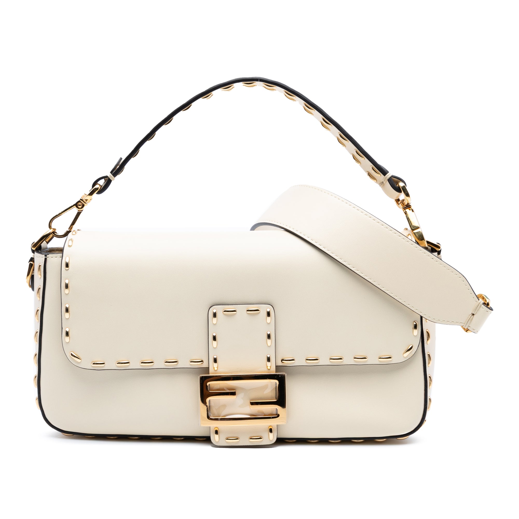 Leather Metal Stitch Baguette Satchel