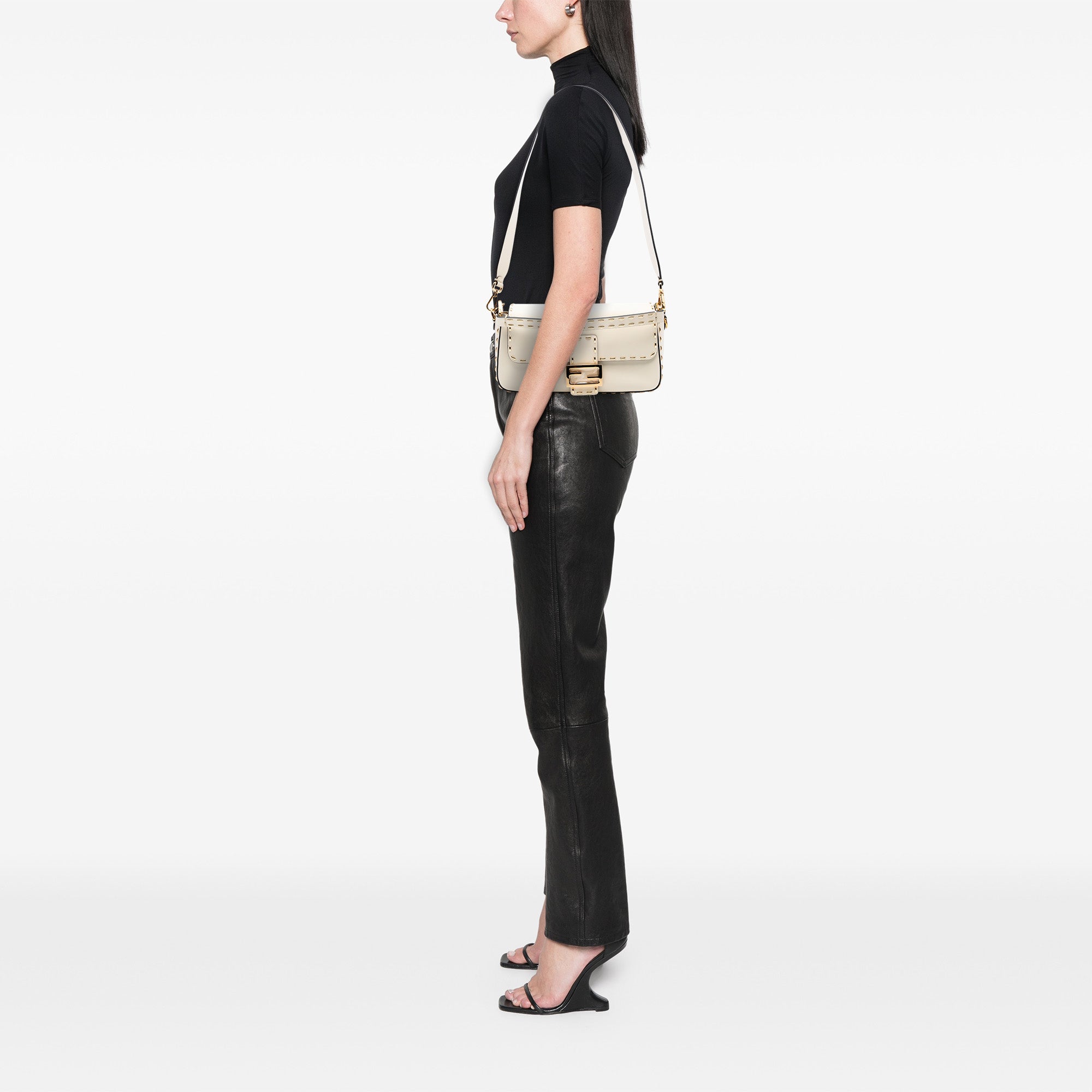 Leather Metal Stitch Baguette Satchel