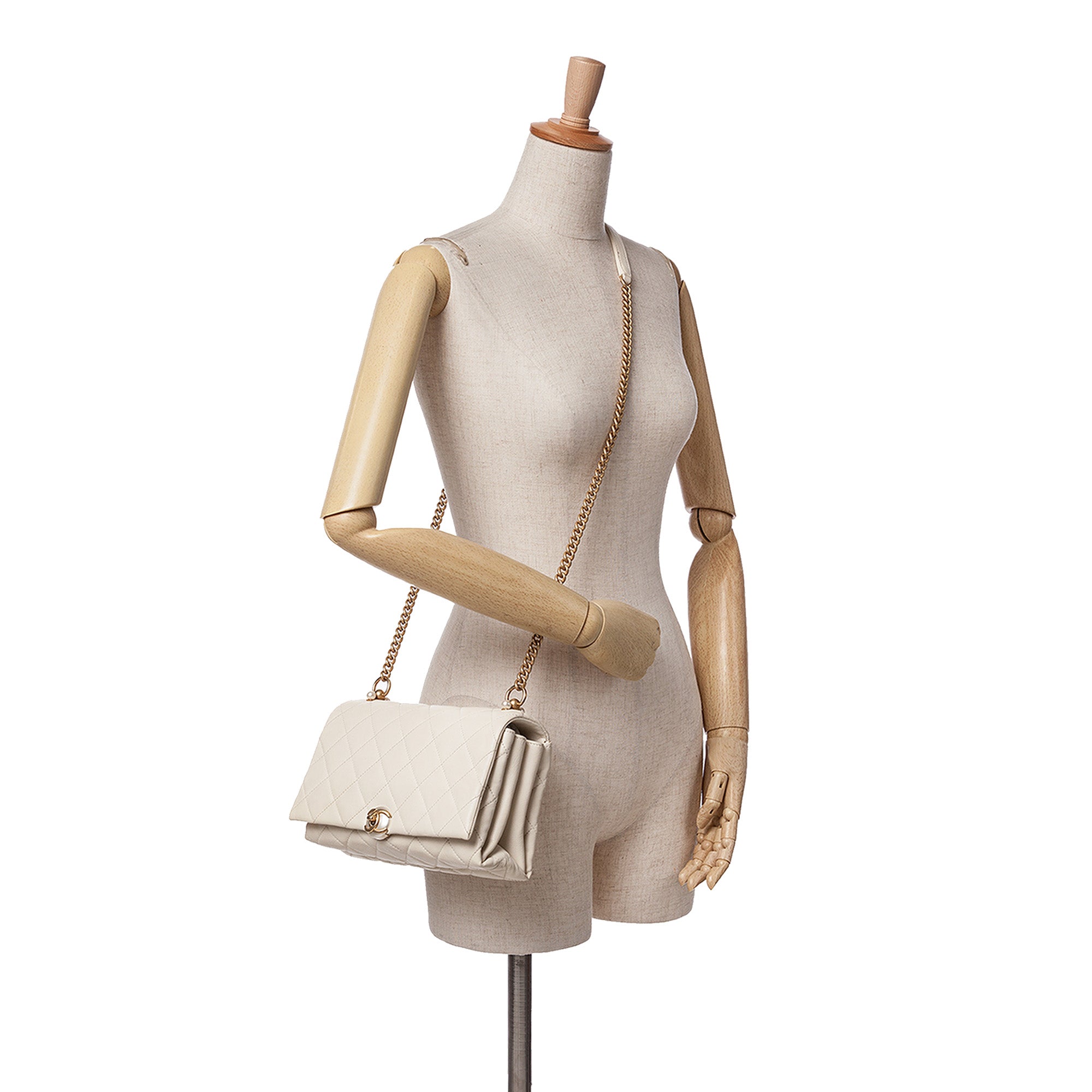 Small Quilted Calfskin Pearl CC Accordion Flap