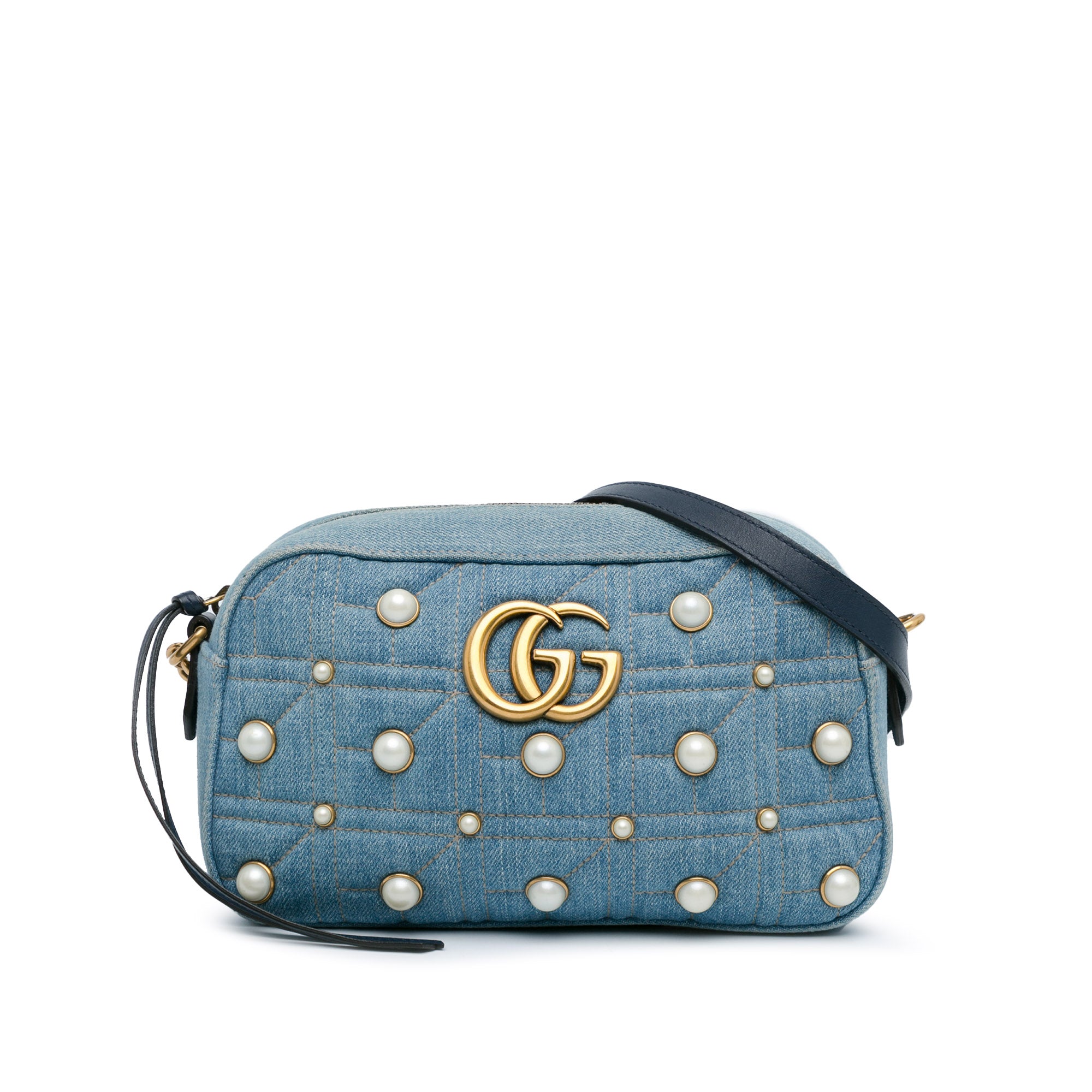 Small GG Marmont Pearl Studded Denim Crossbody Bag_0