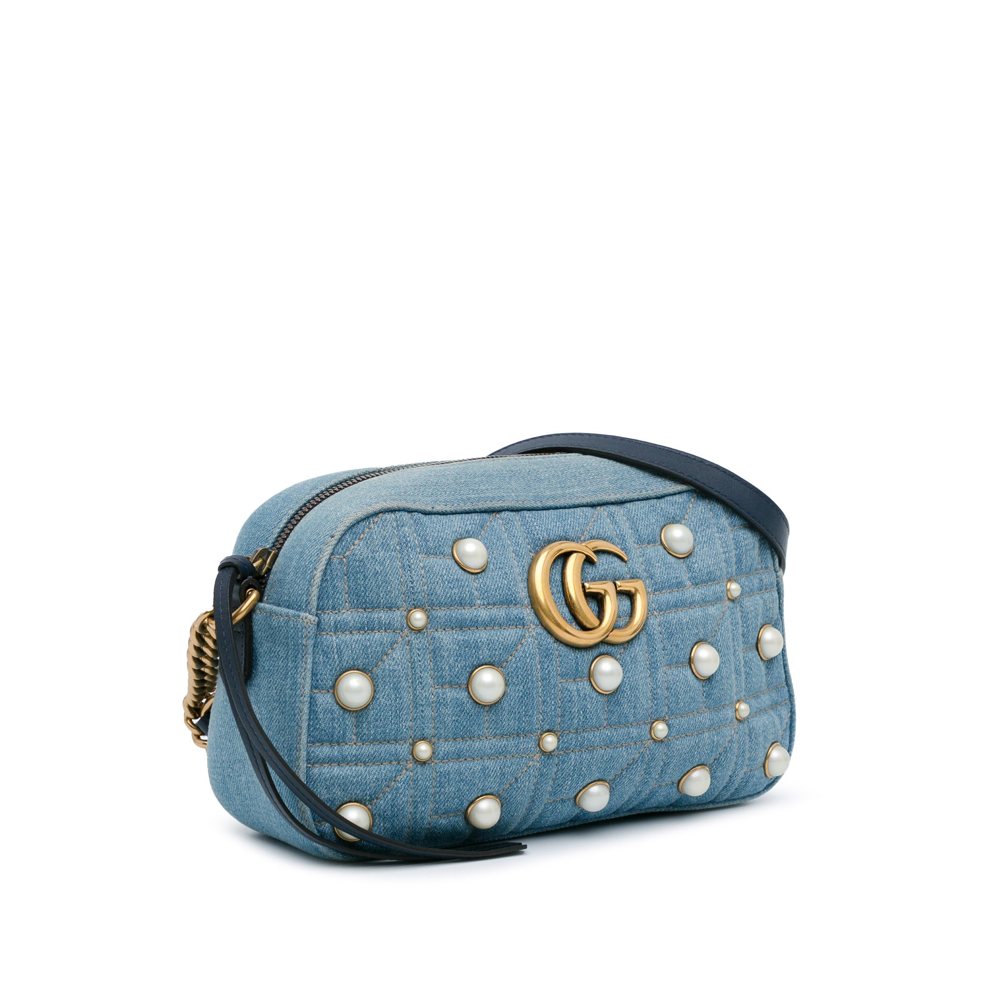 Small GG Marmont Pearl Studded Denim Crossbody Bag_1