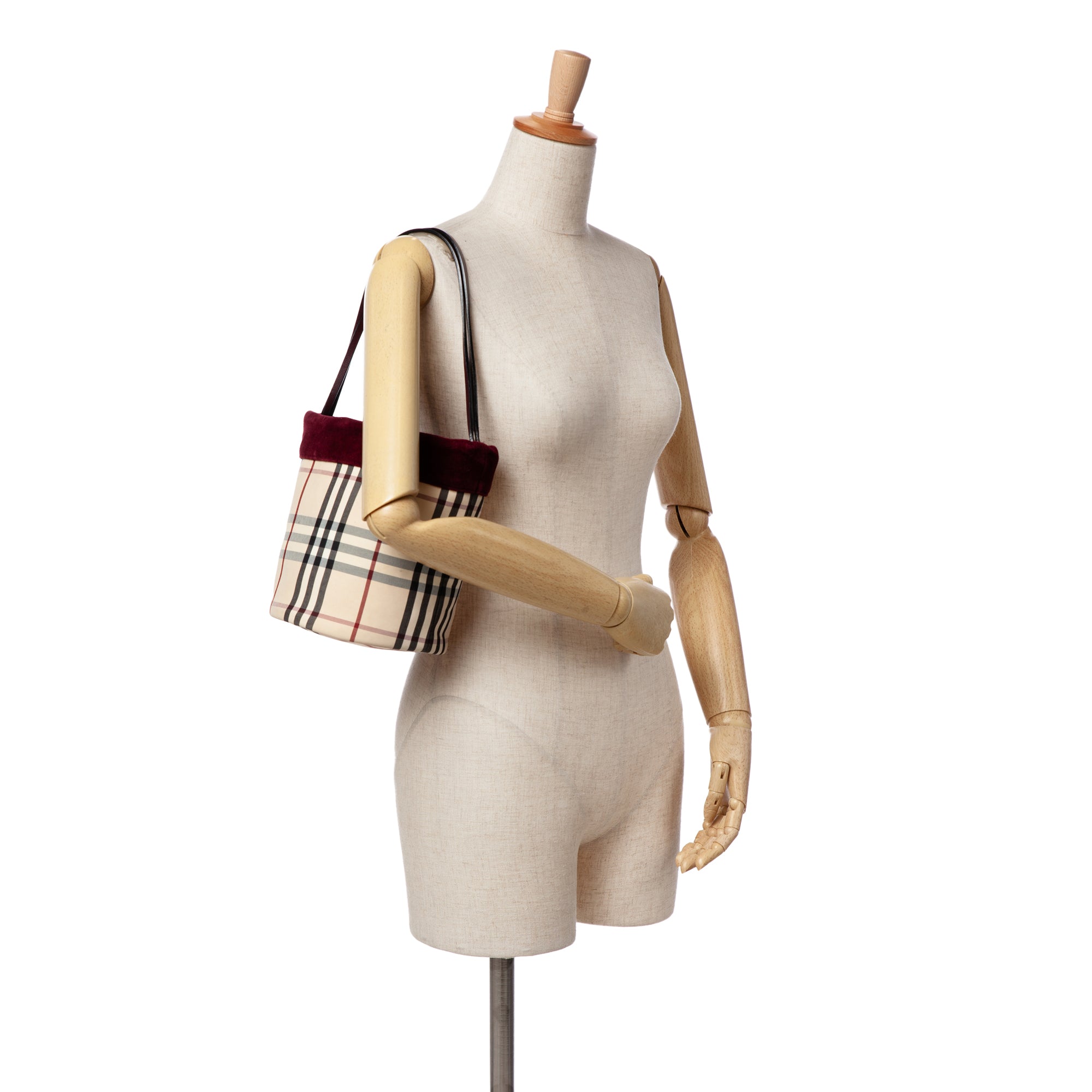 Velvet Trimmed House Check Canvas Bucket Bag