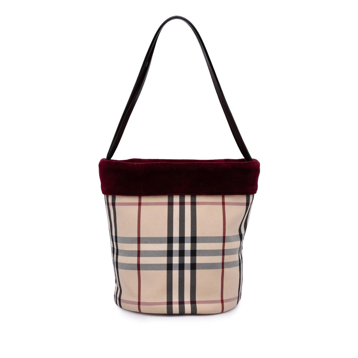 Velvet Trimmed House Check Canvas Bucket Bag